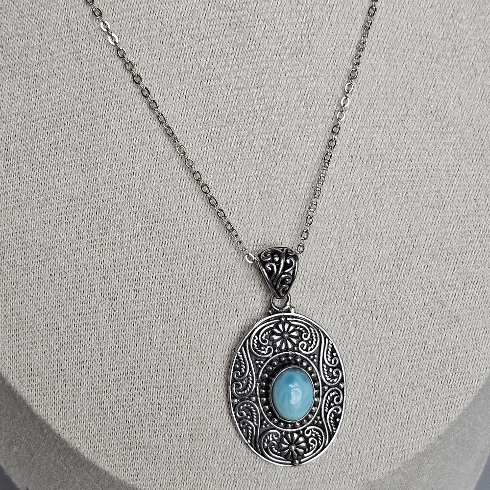 Ornate Genuine Larimar Necklace Rhodium over Sterling Silver!